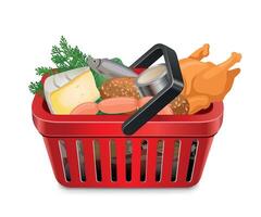 red grocery basket icon with groceries on white background vector