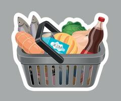 grey grocery basket sticker with products on grey background vector