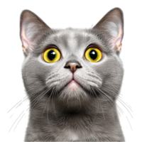 Wideeyed gray cat with fluffy fur and an alert expression looks curious and playful png