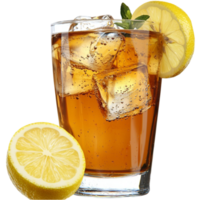 Reing glass of iced tea with lemon slices and ice cubes looks cool and png