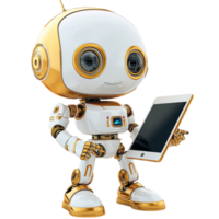 Small golden robot holding a tablet looks futuristic and friendly png