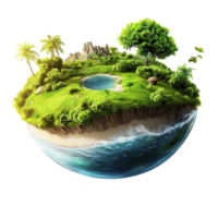 Floating island with lush green grass trees and a small pond looks magical and dreamlike png