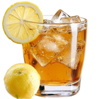 Chilled glass of iced tea with a lemon slice and melting ice cubes looks reing and cool png