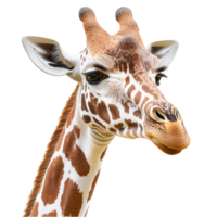 Giraffe with a long neck and spotted fur looks curious and gentle png