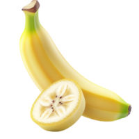 Ripe yellow banana with a sliced half revealing its texture looks and png