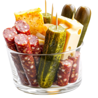 Glass filled with pickles cheese and cured meats looks savory and appetizing png