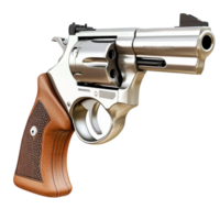 Silver revolver with a wooden grip and polished barrel looks powerful and realistic png