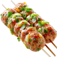 Grilled meat skewers with herbs and vegetables look smoky and appetizing png