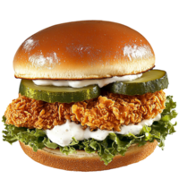 fried chicken sandwich with pickles and lettuce looks crunchy and png