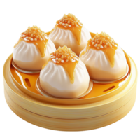 Steamed buns sit plump and glossy in a bamboo steamer png