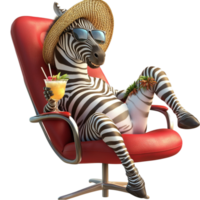 ed zebra wearing sunglasses and sipping a drink while sitting in a red chair looks humorous and fun png