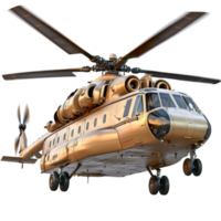 Large golden helicopter with rotating blades and intricate details looks powerful and png