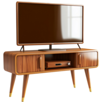 Wooden television stand with a large flatscreen TV looks and minimalistic png