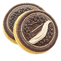Chocolate sandwich cookies with a golden filling and embossed patterns look and png