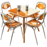 Retro orange dining table with chairs looks nostalgic and png