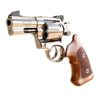 Silver revolver shines with a wooden grip and intricate details png