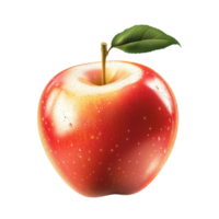 Shiny red apple hangs from a stem with a single green leaf png