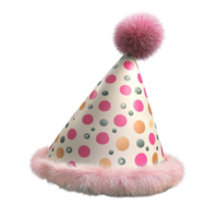 Festive party hat with pink polka dots has a fluffy pompom on top png