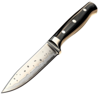 Sharp kitchen knife with a polished blade and black handle rests at an angle png
