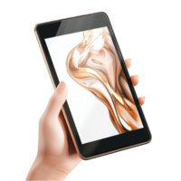 Hand holds a smartphone displaying a swirling design on the screen png