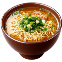 Steaming bowl of ramen with green onions sits on a wooden table png