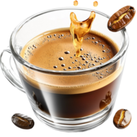 Steaming cup of espresso with a splash of coffee beans rising above png