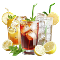 Reing iced drinks with lemon slices and mint leaves are served in crystalclear glasses png