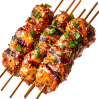 Skewers of grilled chicken glazed with sauce and sprinkled with herbs png