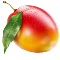 Ripe mango with a gradient of yellow and red hues and a green leaf png