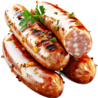 Juicy grilled sausages with a outer layer and garnished with parsley png