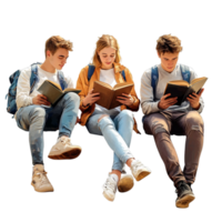 Group of three young students sitting together and reading books while engaged in learning png
