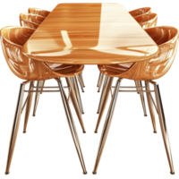 Glossy wooden dining table with matching chairs stands in a and setting png