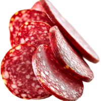 rebanado salami con un jaspeado textura y rojo color metido en un apilar png