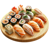Assorted sushi platter with salmon rolls and nigiri is beautifully arranged on a wooden tray png