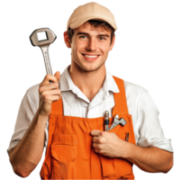Young male plumber in an orange overall holding a wrench and smiling png