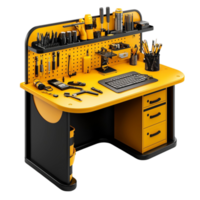 Organized black and yellow workbench filled with various tools and a builtin computer png