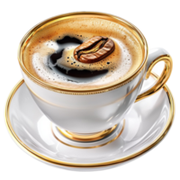 cup of coffee with golden trim and a floating coffee bean on top png