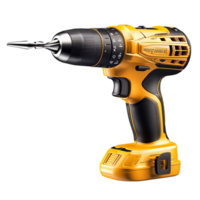 Powerful yellow cordless drill with a black handle and a metallic drill bit attached png