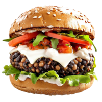 veggie burger with lettuce tomato and a creamy sauce on a sesame bun png
