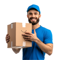 Smiling delivery man in a blue uniform holding a cardboard box in both hands png