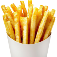 golden French fries in a white paper container with a slightly salted surface png