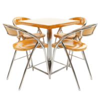 dining table set with four orange chairs and a sleek round table png