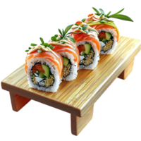 sushi rolls with salmon and avocado neatly arranged on a wooden board png