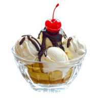 vanilla ice cream scoops drizzled with chocolate and topped with a cherry png