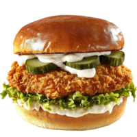 fried chicken sandwich with lettuce pickles and a bun png
