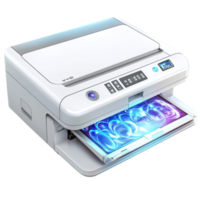 white printer with a glowing blue display and an open paper tray png