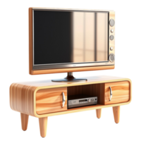 Retro wooden television stand with a flatscreen TV and a builtin media player png