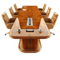 Luxurious conference table with a polished wooden surface and matching chairs png