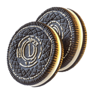 Two chocolate sandwich cookies with intricate embossed patterns and a creamy filling png