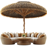 Large round straw umbrella shading a cozy outdoor seating area with cushions png